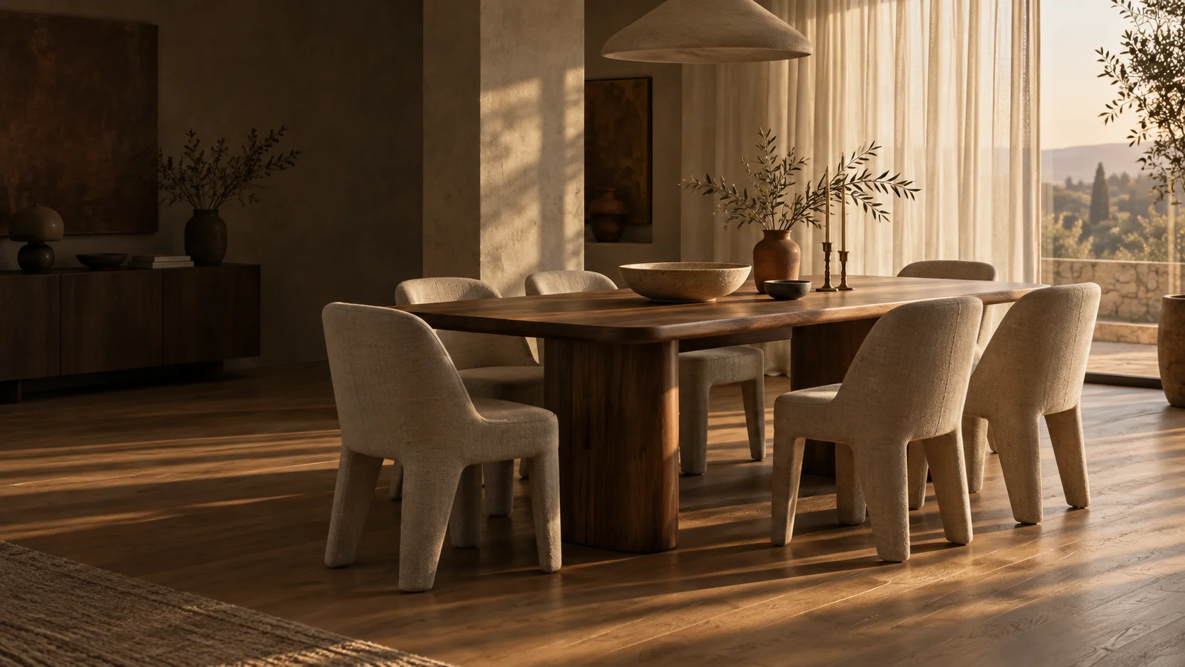 Warm dining room with wooden furniture